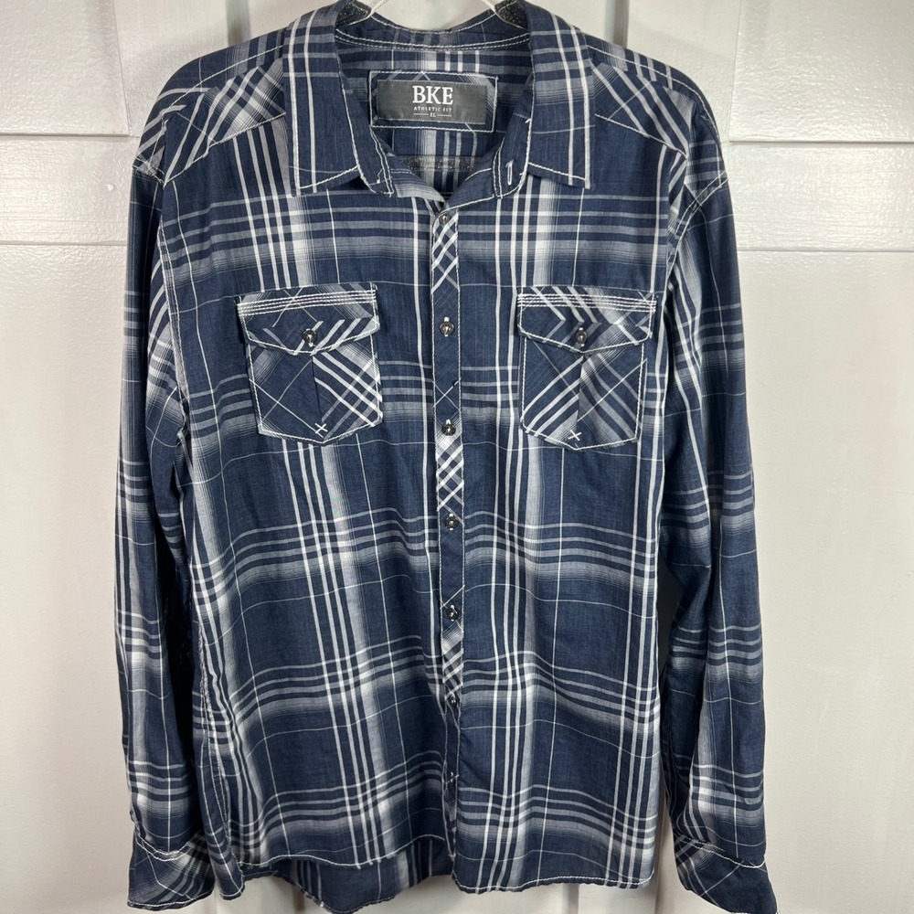 BKE Athletic Fit Mens XL Navy Blue Plaid Button Down Shirt 11443FPW
